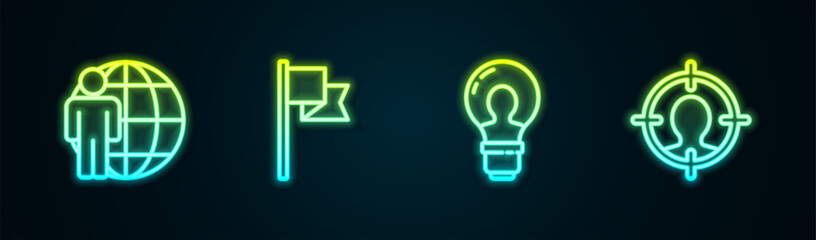 Set line Head hunting, Location marker, with lamp bulb and . Glowing neon icon. Vector