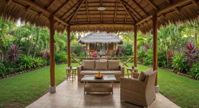 Wooden patio under pergola with garden