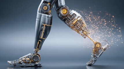 Male prosthetic technology concept showing modern limb replacement with patient and specialist in clinical environment