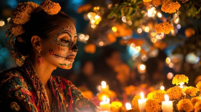 Mexican woman wearing sugar skull face paint with floral crown, holding skull near burning candles, dark ceremonial background with mystical glow. - Powered by Adobe
