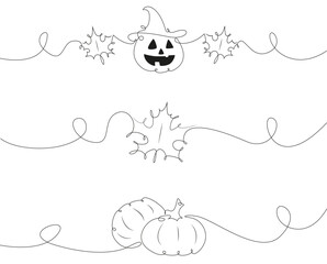 One Line Halloween Pumpkin and Leaves Vector Illustration