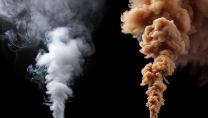 two columns of smoke rise against a transparent background one column is dark gray while the other is light brown the smoke appears dense and billowy