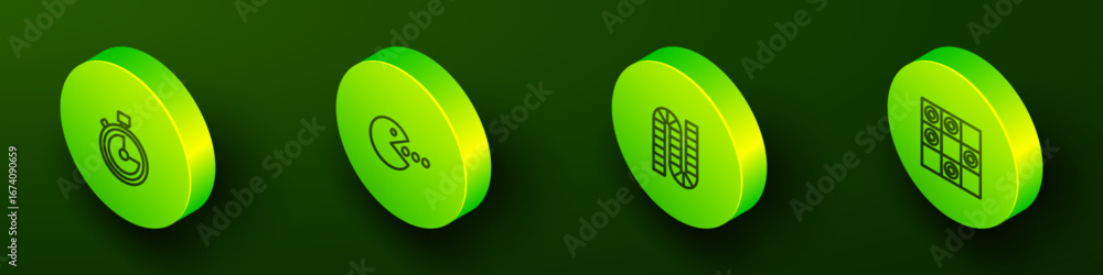 Poster set isometric line stopwatch, pacman with eat, board game and of checkers icon. vector