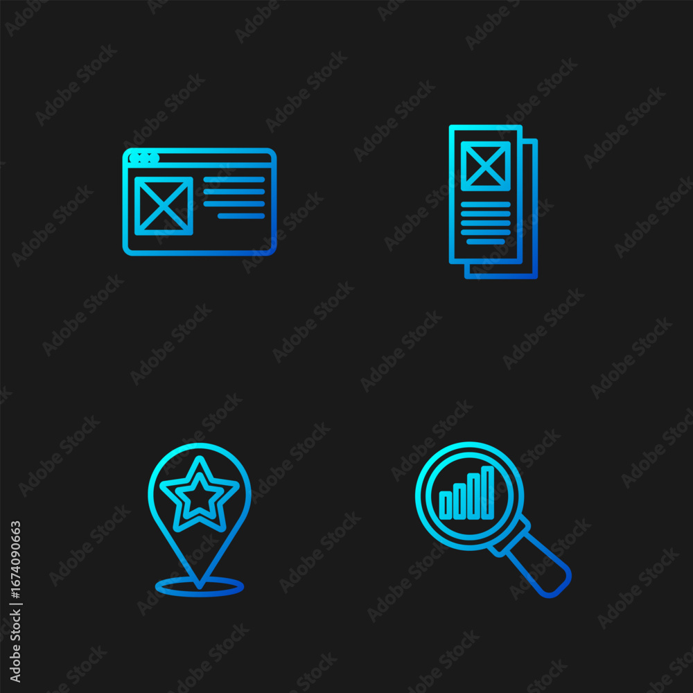 Poster set line magnifying glass and analysis, map pointer with star, browser window and . gradient color i