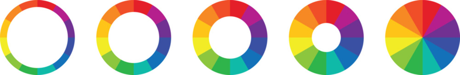 Colorful circular chart set with rainbow gradient segments in modern flat style. Perfect for infographics, presentations, and data visualization. Editable vector design for creative projects.