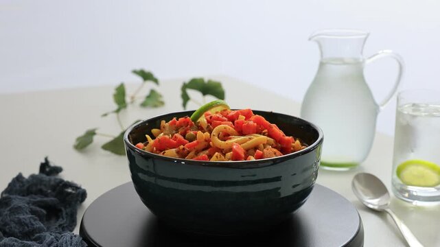 Rotierende asiatische Nudel-Bowl mit frischen Zutaten in Ultra HD