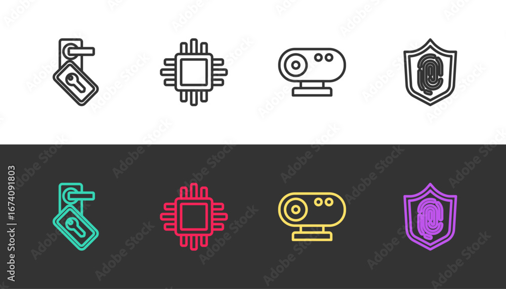 Poster set line digital door lock, processor with cpu, web camera and fingerprint on black and white. vecto