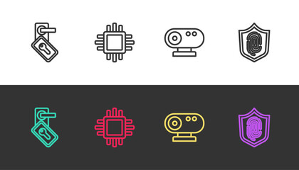 Set line Digital door lock, Processor with CPU, Web camera and Fingerprint on black and white. Vector