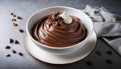 a decadent swirl of rich chocolate mousse topped with fluffy whipped cream and chocolate chunks elegantly displayed in a white bowl against a textured gray backdrop