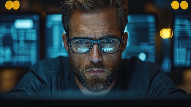 Focused face lit by screens with digital data behind