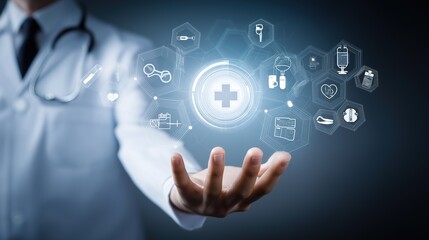 Fototapeta premium Biotechnology interface with holographic data screens and futuristic medical diagnostics, cinematic mood