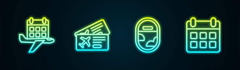 Set line Calendar and airplane, Airline ticket, Airplane window and . Glowing neon icon. Vector