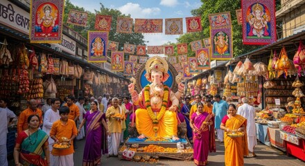 Grand ganesh idol procession during a vibrant hindu festival in a busy street