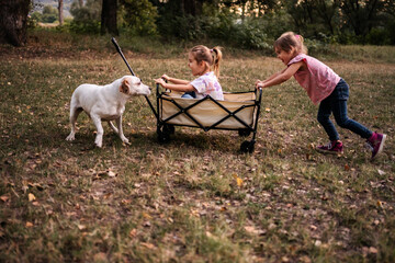 Two little twin sisters pushing dog in wagon at park