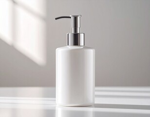 Minimalist White Lotion Bottle with Silver Pump on Neutral Background