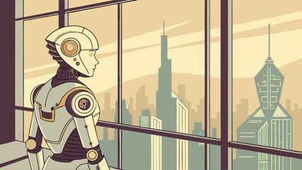 Obraz premium A futuristic robot gazing at a cityscape from a large window.