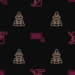 Set line Auction hammer, auctioneer sells and Bid on seamless pattern. Vector
