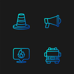 Set line Fire truck, Location with fire flame, Traffic cone and Megaphone. Gradient color icons. Vector