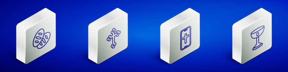 Set Isometric line Christian bread, cross, on phone and chalice icon. Vector