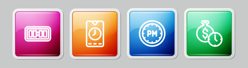 Set line Digital alarm clock, Alarm app mobile, Day time and Time is money. Colorful square button. Vector