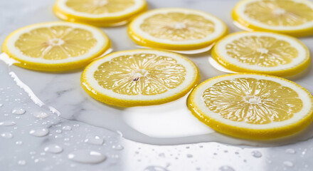 Freshly Sliced Lemons with Water Droplets on a Marble Surface