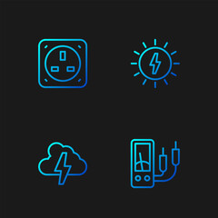 Set line Ampere meter, multimeter, Cloud and lightning, Electrical outlet and Solar energy panel. Gradient color icons. Vector