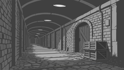 A grayscale illustration of a shadowed interior perspective tunnel view.
