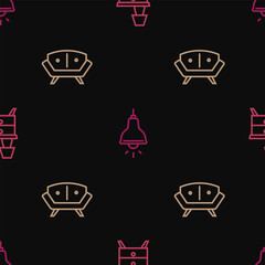 Set line Nightstand with lamp, Sofa and Lamp hanging on seamless pattern. Vector