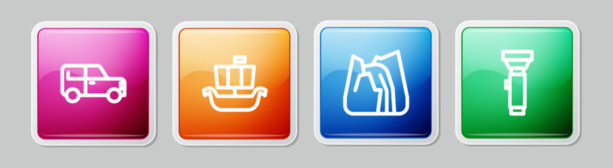 Set line Car, Viking ship Drakkar, Waterfall and Flashlight. Colorful square button. Vector