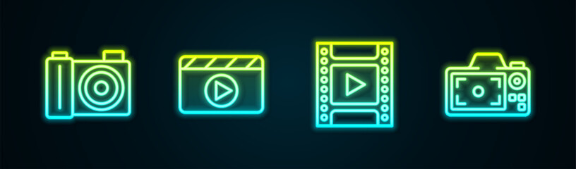 Set line Photo camera, Movie clapper, Camera film roll cartridge and . Glowing neon icon. Vector