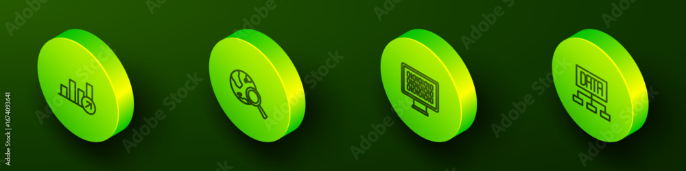 Poster set isometric line financial growth, search globe, binary code and data analysis icon. vector