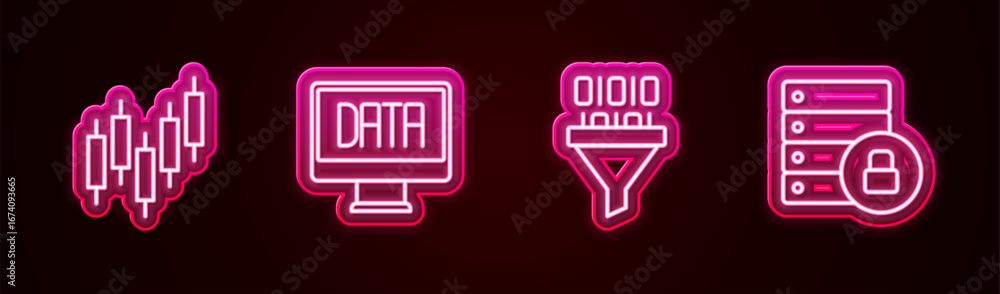 Poster set line browser with stocks market, data analysis, binary code and server security padlock. glowing