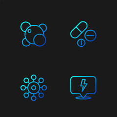 Set line Lightning bolt, Virus, Molecule and Medicine pill or tablet. Gradient color icons. Vector