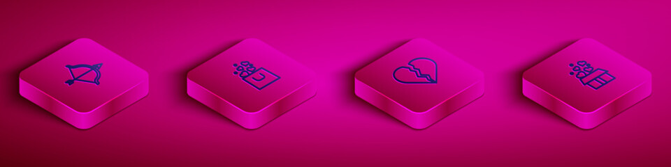 Set Isometric line Bow and arrow, Shopping bag with heart, Broken or divorce and Gift box hearts icon. Vector