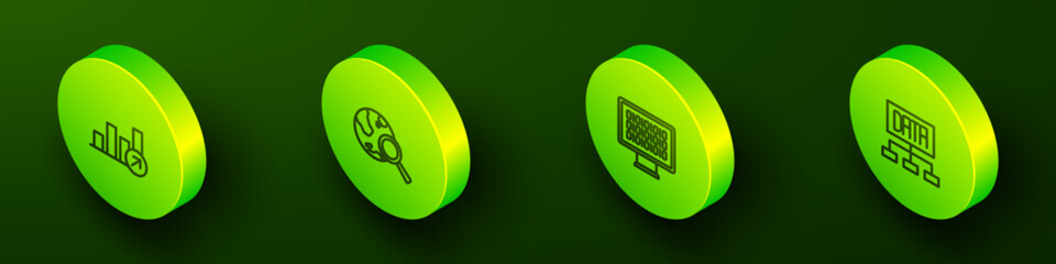 Set Isometric line Financial growth, Search globe, Binary code and Data analysis icon. Vector