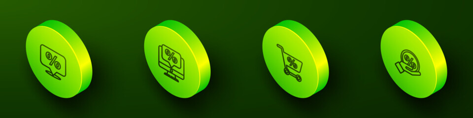 Set Isometric line Discount percent tag, Percent discount and monitor, Shopping cart and icon. Vector