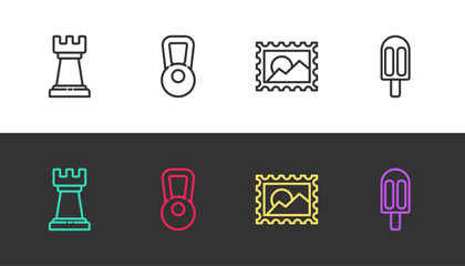 Set line Business strategy, Kettlebell, Postal stamp and Ice cream on black and white. Vector