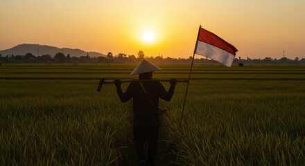Indonesian Farmer Carries Flag Through Rice Field Sunset