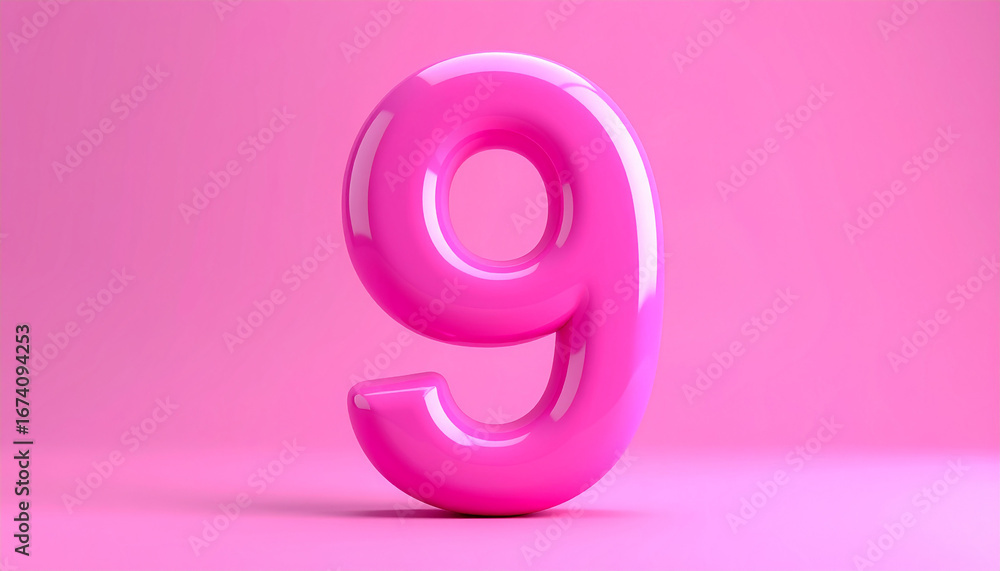 Poster shiny pink plastic number 9 nine isolated on matching pink backdrop. 3d rendering.