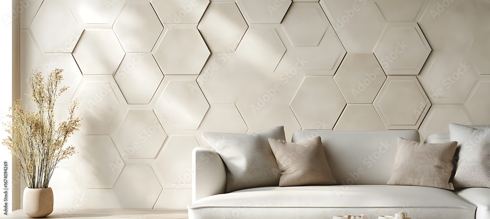 Poster minimalist interior design featuring hexagon wall tiles and a modern sofa in a neutral color palette