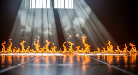 Vectore illustration of flames erupt from the floor in a dark room, illuminated by dramatic light rays from above