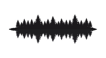 a black silhouette of pine trees on an island reflected in water