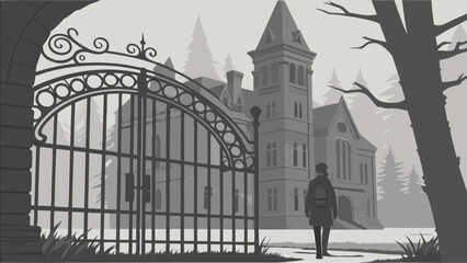 An illustration of a person walking towards a gated building in a foggy environment.