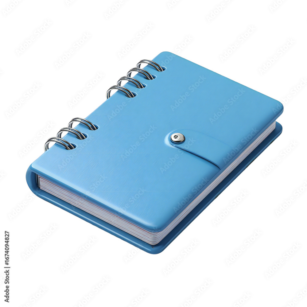 Poster a closed light blue spiral bound notebook with a snap closure, isolated on a transparent background