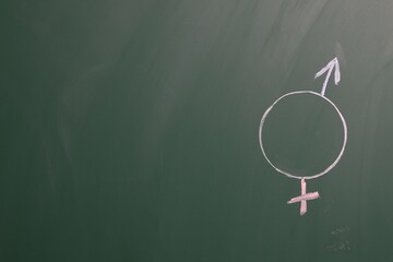 Sex education. Gender symbols drawn on green chalkboard, space for text