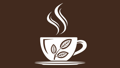 Obraz premium Create a minimalist image of Coffee white cup icon with steam forming a leaf., A clean and modern logo for a coffee shop.. with brown background