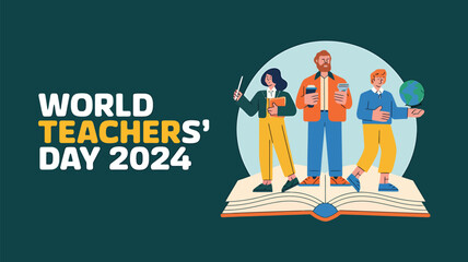 Vector art of world teachers day 2024 celebrated with diverse educators standing on an open book, symbolizing knowledge and learning