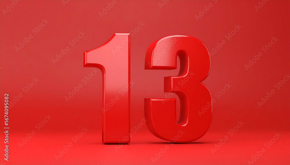 Poster shiny red plastic number 13 isolated on matching red backdrop. 3d rendering. smooth surface.