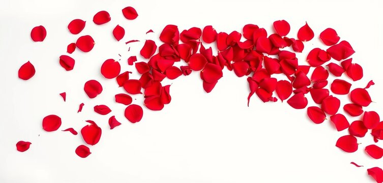Scattered red rose petals forming a heart shape on a white background, white, beauty