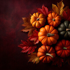 Pumpkin and autumn leaves still life square frame wih copy space at the center Top view festive fall fla lay at dark maroon backgrund. Thanksgiving, harvestday or Halloween celebratin concept.